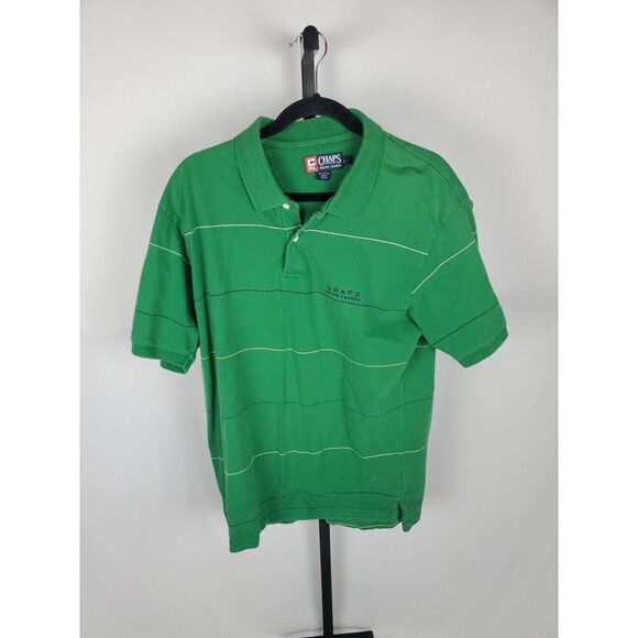 Vintage 90s Ralph Lauren Chaps Green Striped Mens Large Collar Button Polo Shirt - Picture 1 of 6